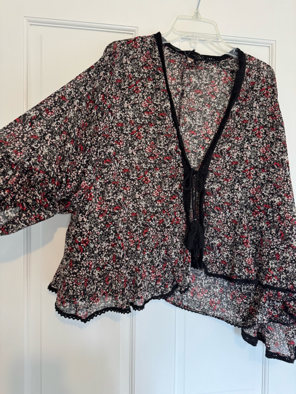 Free People Black Floral Sheer Tassel Tie Blouse